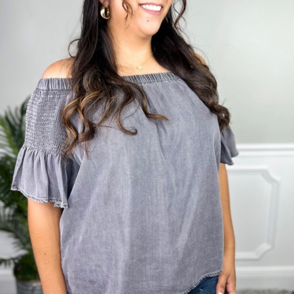 Acid washed dark grey off the shoulder shirt